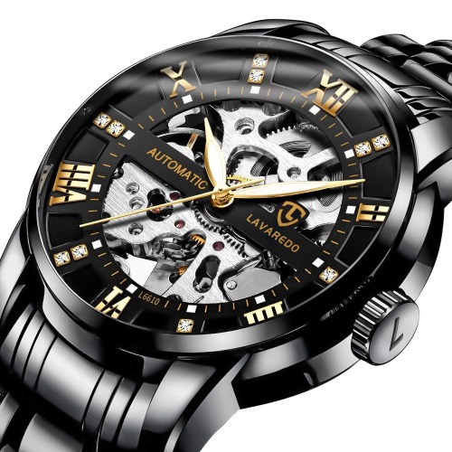 A ALPS Mens Watch Skeleton Luxury Mechanical Stainless Steel Waterproof Black Automatic Self-Winding Roman Numerals Diamond Dial Wrist Watch - 02-AllBlack-YJ