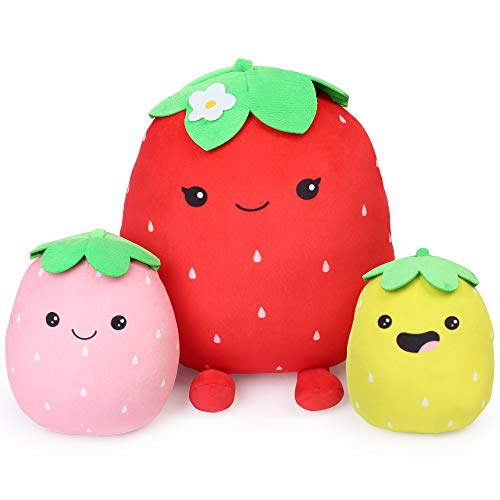 BenBen Strawberry Plush Pillow, Set of 3, 12'', 7'' and 6'', Squishy Fruit Stuffed Plushies, Soft Hugging Cushion for Girls, Home Decorations, Easter Gifts - Red Strawberry