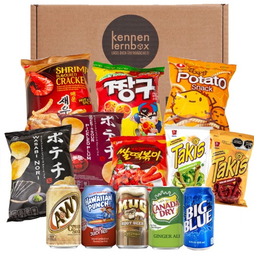 Snack Party Box Kennenlernbox met 12 populaire chips en dranken uit de VS, Korea en Japan, voor filmavonden of als cadeau-idee voor speciale gelegenheden