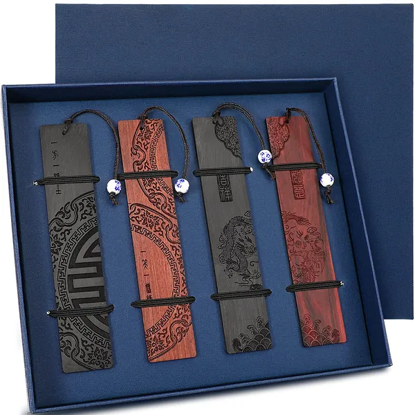 4 Pieces Wood Bookmark for Men Women Book Lovers, Handmade Natural Wooden Carving Book Mark Bookmarks Box Set, Ideal for Birthday Present, Teachers Appreciation (Traditional Style) - Traditional Style