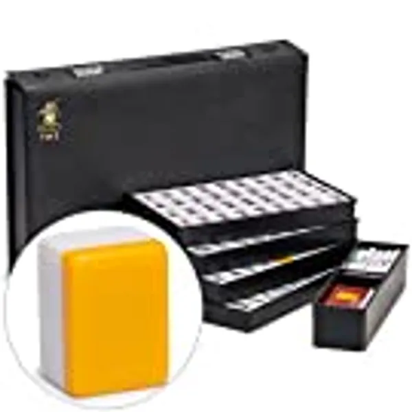 Yellow Mountain Imports Japanese Riichi Mahjong Set - White and Yellow Standard Size Tiles - with East Wind Tile, Set of Betting Sticks, Dice, and Black Vinyl Case - Made