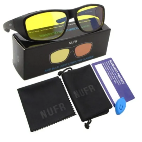 NUFR Fitover Blue Light Blocking Computer Glasses for Women and Men -Fit Over Prescription or Reading Eyeglasses Computer Gaming Glasses (Single Black with Yellow Lens)