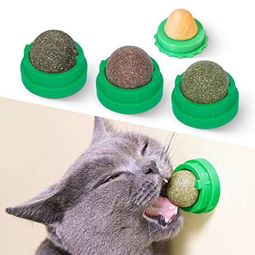 Potaroma Catnip Toys Balls 4 Pcs, Extra Cat Energy Ball, Edible Kitten Silvervine Toys for Cats Lick, Healthy Kitty Teeth Cleaning Dental Chew Toys, Cat Wall Treats (Green) - Green Catnip Balls