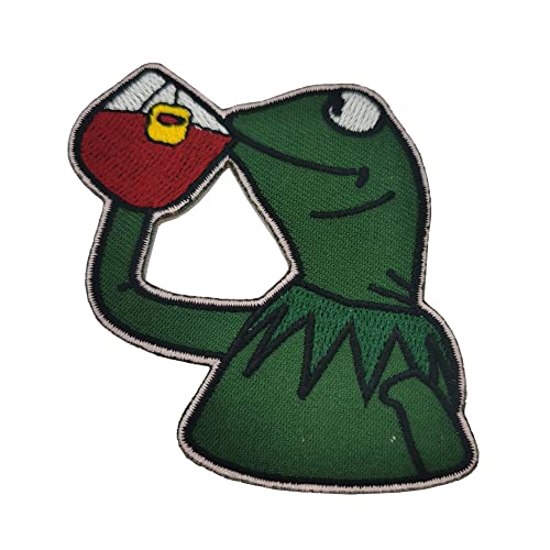 Kermit None My Business Frog Sipping Tea Patches Embroidery Sew On/Iron On Patches for Dress Jeans Jackets Frog Applique Stripe Badge DIY Accessory