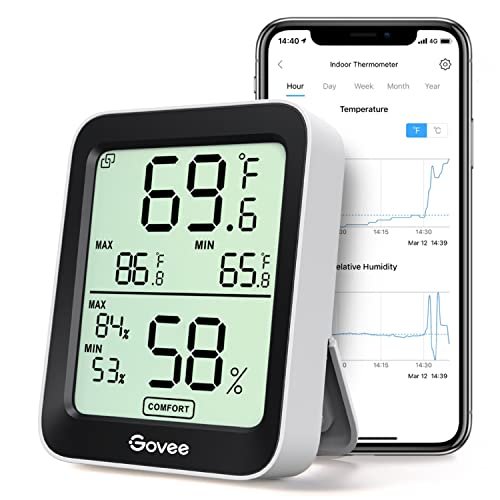 Govee Hygrometer Thermometer H5075, Bluetooth Indoor Room Temperature Monitor Greenhouse Thermometer with Remote App Control, Notification Alerts, 2 Years Data Storage Export,LCD - 1 Pack - Black