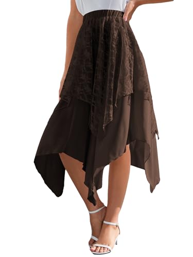 Verdusa Women's Lace Overlay Elastic Waist Asymmetrical High Low A Line Long Skirt - X-Small - Coffee Brown