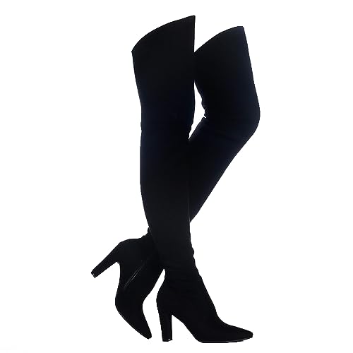 Shoe'N Tale Women Stretch Suede Chunky Heel Thigh High Over The Knee Boots - 8 - Black