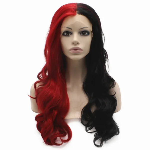 Mxangel Long Wavy Half Black Red Synthetic Lace Front Halloween Wig - black red two tone