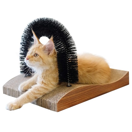FUKUMARU Cat Self Groomer, 2.0 Version Cat Arch Face Scratcher with Scratcher Pad, Cats Back Grooming Massager Toy Brush for Indoor Kitten and Small Dog - Wood Grain Upgrade