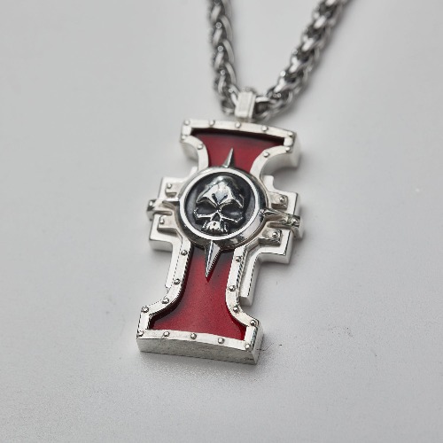 Warhammer 40K Inquisition Seal of the Holy Ordos Silver Pendant by Starforged | Sterling Silver + Synthetic Garnet [Red] with Steel Chain