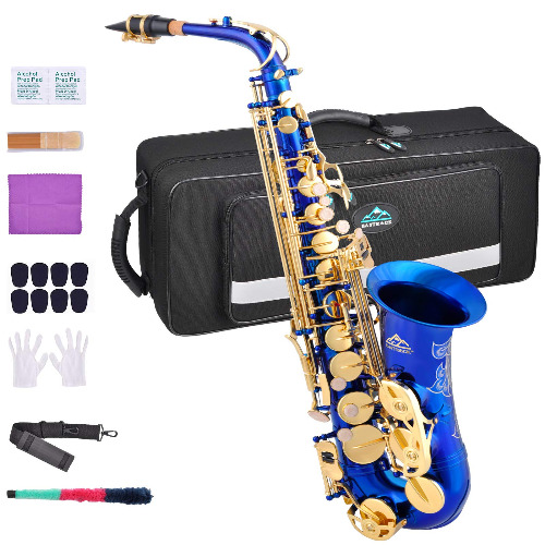 EASTROCK Altsaxophon Dark Blue/Golden Alto Saxophone mit Hartschalenkoffer Mundstückpolster Reinigungsbürste Riemen Handschuhe - blue/golden