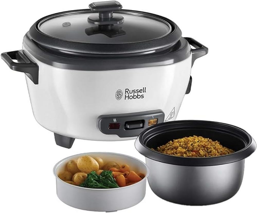 Russell Hobbs Medium Rijstkoker, (6 Porties Rijst (1,2L), Warmhoudfunctie, RVS/Wit, Anti-aanbaklaag, Stoomuitlaat, Vaatwasserbestendig, 300 Watt) 27030-56