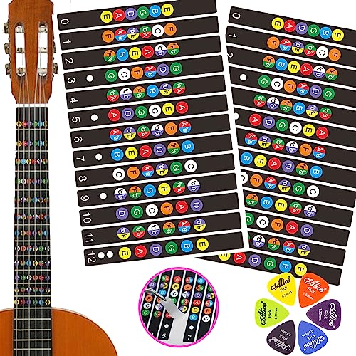 2 PCs Self Adhesive Guitar Fretboard Stickers & 6 Picks - Color Coded Note Decals Fingerboard Frets - Best Guitar learning Tools for Beginner Learner - 2 Guitar Fretboard Stickers & 6 Picks