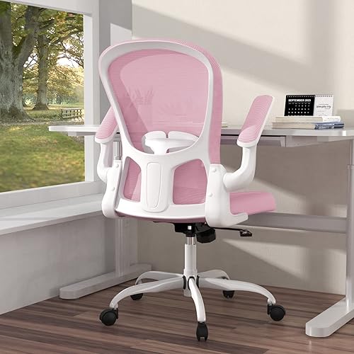 Ergonomic Office Chair, Comfort Swivel Home Office Task Chair, Breathable Mesh Desk Chair, Lumbar Support Computer Chair with Flip-up Arms and Adjustable Height - Pink