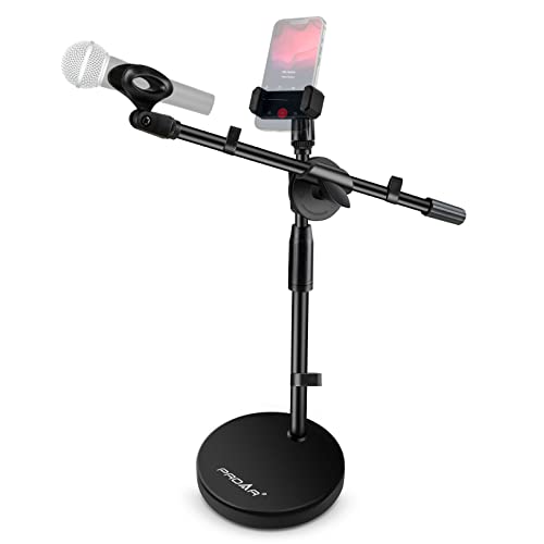 Microphone Stand Desk Adjustable Desktop Microphone Stand with Boom Arm Upgraded 3 in 1 Table Phone/Mic Stand with Microphone Clip,Cell Phone Clip,3/8" to 5/8" Adapter for Blue Yeti,Shure,Other Mic