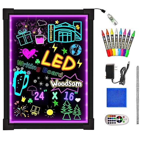 Woodsam LED Drawing Painting Board - 24" x 16" Erasable Non Porous Glass Surface with 8 Fluorescent Window Markers-Best for Chalkboard Blackboard Whiteboard Bulletin/Letter/Spelling/Display/Menu Board - 16"W x 24"H