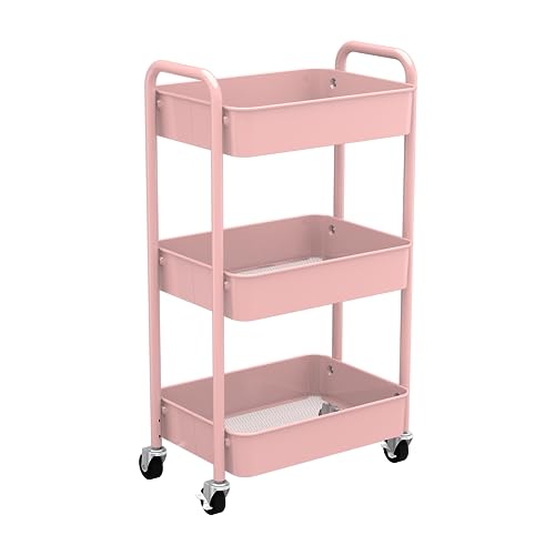 CAXXA 3-Tier Rolling Metal Storage Organizer - Mobile Utility Cart with Caster Wheels, Pink - Pink