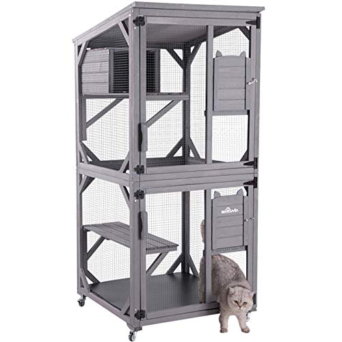 Cat House Outdoor Catio Cat Enclosures on Wheels 70.9 Kitty House with Upgraded Resting Box, Waterproof Roof - Grey - #AIR22