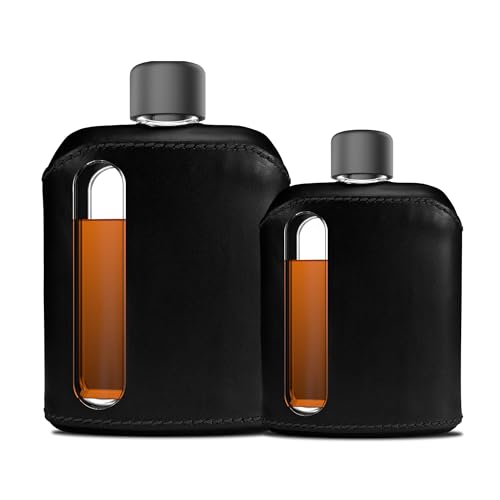 Ragproper Modern Glass Hip Flask - Durable Leather Covered Flask for Whiskey, Spirits, & Other Liquor - Ideal Flask Gifts for Father's Day (Single Shot 100ml + Double Shot 240ml, Leather Black) - 2 Pack (3.4 + 8 oz) - A. Leather Black