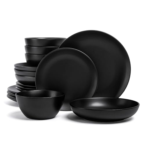 over&back Coupe Dinnerware Set - Stoneware Dishes - Comes with 4 Dinner Plates, 4 Salad Plates, 4 Cereal Bowls, and 4 Dinner Bowls - 16-Piece All-Occasion Place Settings - Semi-Matte Black - Black - Dinner Set | 16 Pieces