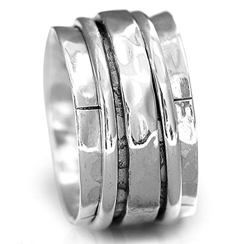 Boho-Magic 925 Sterling Silver Spinner Ring for Women Hammered Wide Fidget Ring Band - 6