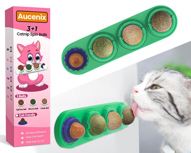 Aucenix Katzenminze Ball, 4 Stück Natürliche Katzenminze Bälle Spielzeug für Katzen Lecken, Drehbare Zahnreinigung Dental Katze Spielzeug, Katzenminze Spielzeug für Kätzchen (Grün) - Grün