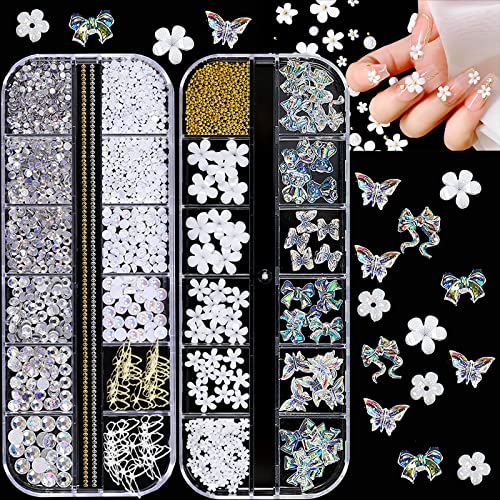NAFIGO 3D Mix-sized Acrylic White Flowers Nail Charms Polar Butterfly Bear Spring Blossom Flower with Starry AB Crystals Rhinestones Pearls Mix Gold for Art DIY Crafting Designs - Gold,White