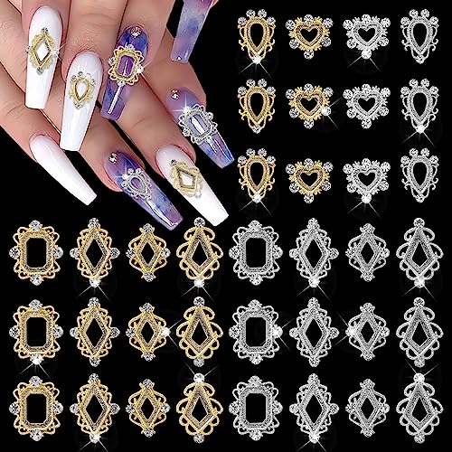 XEAOHESY 36pcs 3D Metal Nail Charms Retro Gold Silver Nail Art Charms Inlay Clear Rhinestones Nail Gems and Charms Heart Rhombus Square Hollow Out Frame Nail Art Decoration accessories for Women Girls - Metal Nail Charms