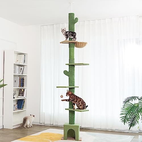 Meow Sir Floor to Ceiling Cat Tree Ajustable Height [82-108 Inches=208-275cm] 6 Tiers Tower Fit for 7-9 Feet Ceiling with Cat Condo Hammock and Sisal Covered Post for Indoor Cats-Green Cactus - Green - 6 Tiers Floor to Ceiling