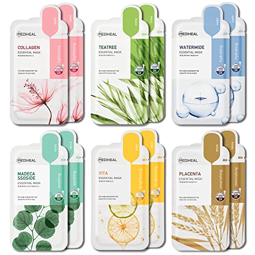 Mediheal Sheet Mask New Essential HERO 12 pack (Collagen, Tea Tree, Placenta, Madecassoside, Vita, Watermide)| Korean Skincare Facial Sheet Mask Combo, Moisturizing, Soothing and for Blemishes - 12 Count (Pack of 1)