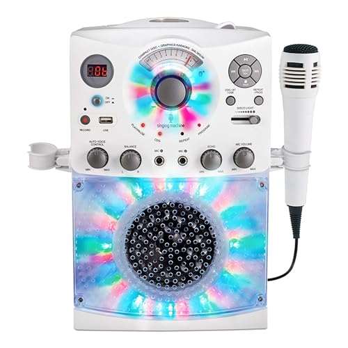 Singing Machine Portable Karaoke Machine for Adults & Kids with Wired Microphone, White - Built-In Speaker, Bluetooth with LED Disco Lights - Karaoke System with CD+G Player & USB Connectivity - White