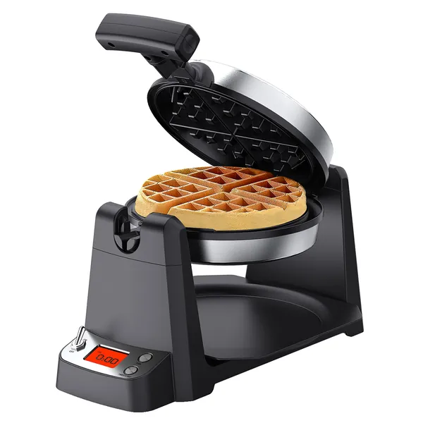 Flip Belgian Waffle Maker, Elechomes 180° Rotating Waffle Iron (1.4" Thick Waffles) with LCD Display Digital Timer Non-Stick Coating Plates Removable Drip Tray Recipes Included, Stainless Steel