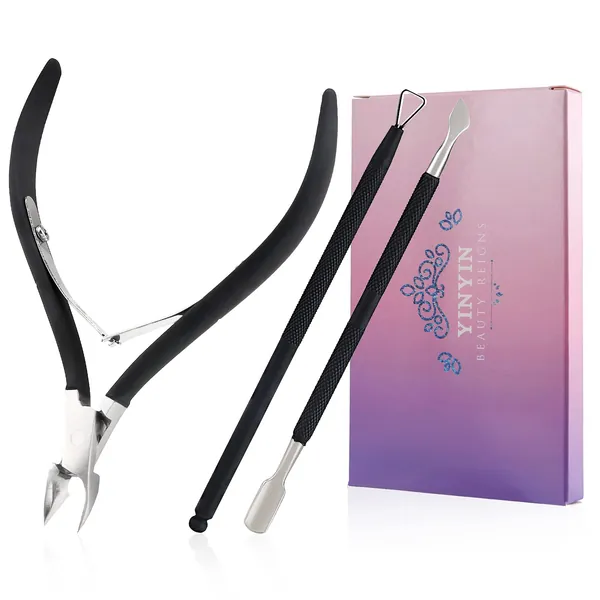 Cuticle Trimmer with Cuticle Pusher and Cutter-YINYIN Cuticle Cutter Cuticle Nipper Professional Stainless Steel Cuticle Clippers Durable Pedicure Manicure Tools for Fingernails and Toenails (Black)
