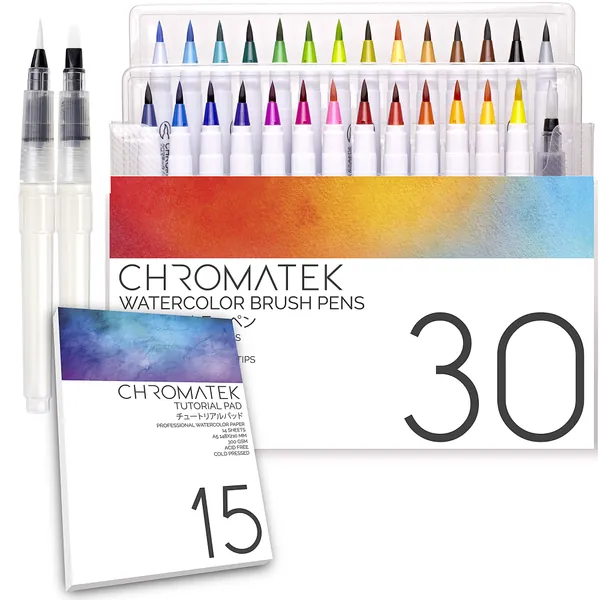 30 Watercolor Brush Pens, 15 Page Tutorial Pad and Online Video Series by Chromatek. Real Brush Tip. Vivid. Blendable. Professional Artist Quality. 27 Colors 3 Blending Water Brush Pens.