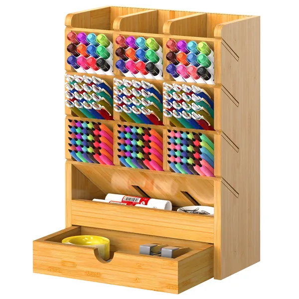 Bamboo Pen Organizer for Desk Pencil Wooden Multi-Functional Stationary Holder with 14 Compartments for Home Office Art Supply by FURNINXS