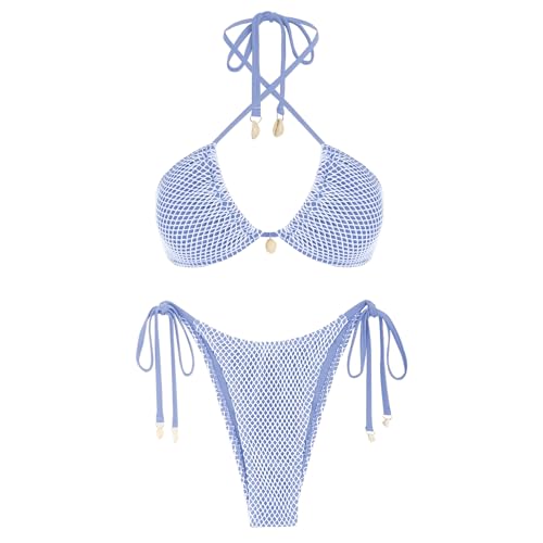 ZAFUL Women's Bikini Set Fishnet Triangle Tie Convertible Collar Halter Bandeau Shell Two Piece Bathing Suit - Large - Blue