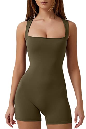 QINSEN Womens Strappy Square Neck Tank Top Tummy Control Bodycon Stretch Shorts Jumpsuit Outfits - Large - Army Green