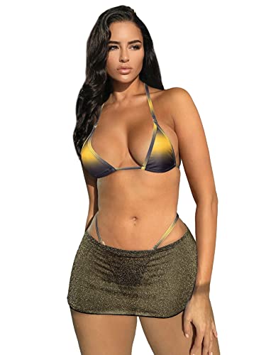 WDIRARA Women's Micro Halter Cheeky 3 Piece Thong Bikini Set with Mesh Cover Up Skirt - Large - Ombre Yellow