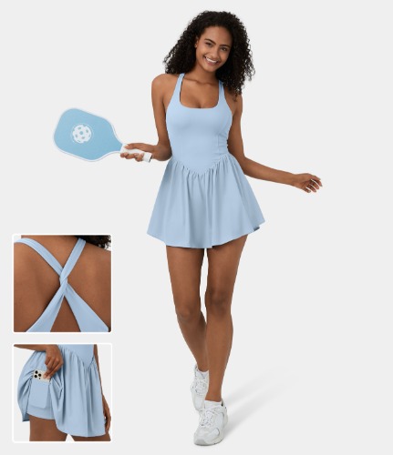 Breezeful™ Square Neck Backless Cut Out Crisscross Twisted Back 2-in-1 Side Pocket Corset Mini Quick Dry Flowy Casual Dress