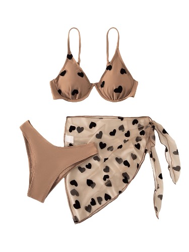 SHENHE Women's Heart Print High Cut Underwire Triangle Swimsuit Bathing Suit Bikini Sets - Large Apricot