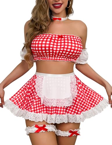 Genhoo Maid Lingerie Set for Women 6Pcs Cosplay Lingerie Maid Costume Role Play Outfits Lingerie Mini Skirt for Party - Red - Large