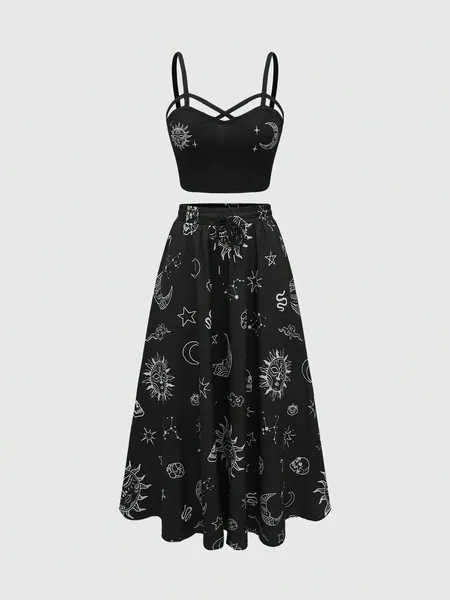 ROMWE Goth Conjunto de colete e saia em estilo gótico de cruz para mulheres, ideal para férias