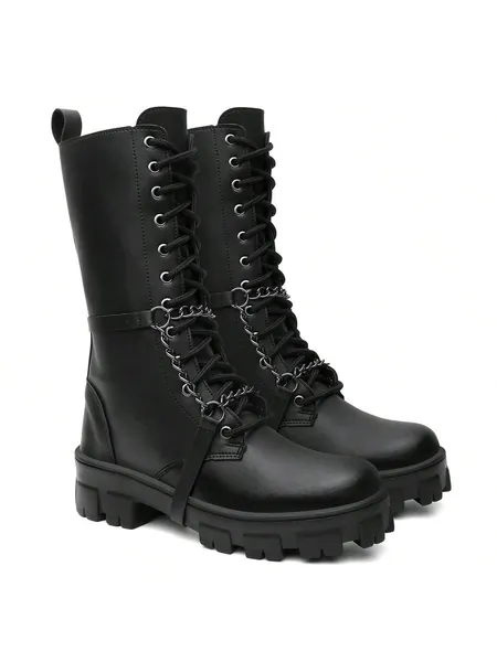 Bota Coturno Tratorado Com Solado Expandido Robusto Com Corrente Removível Punk Gotico Rock