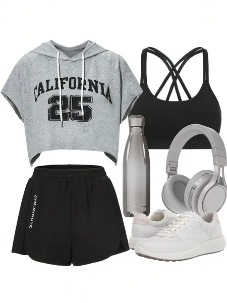 SHEIN Sport Easify Gráfica Letra Cordão Cncapuzado Conjuntos De Desporto