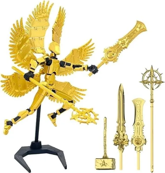 AJUBENCE T13 Action Figure, Assembly Completed Dummy 13 with Bracket Wings 4 Weapons & 3 Pairs of Hands Sets, 3D Printed Titan 13 Movable Joints Action Figure, Presents for Desktop Decoration (Gold) - Gold