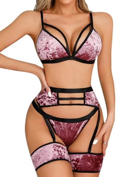 popiv Women's Sexy Lingerie Set with Garter Belt Matching Bra and Panty Lingeries Sets 4 Piece