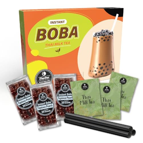 Flavfar Thai Milk Tea with Instant Tapioca Pearls - Authentic Bubble Tea Kit with Low Calorie, Brown Sugar Boba & Sweetened Condensed Milk -Made in Taiwan - 5 Pack - Thai