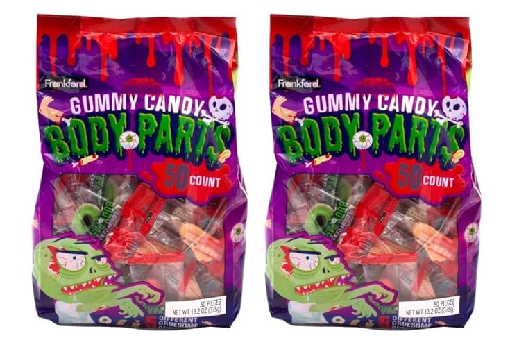 Frankford Candy Gummy Body Parts Halloween Candy, 100 Count of Individually Wrapped Parts including Eyeballs, Fingers, Legs, Brains, and Ears. Trick or Treaters Halloween Night Candy