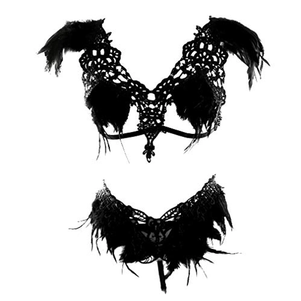 Womens Feathers Body Harness Lingerie Full Strappy Cage Garter Belt Set Elastic Hollow Top Bra Punk Gothic Festival Rave Wear