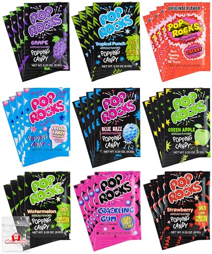Pop Rocks Candy Variety Pack - All 9 Flavors - Nostalgic 90s Candy for Parties - Old School Popping Candy - All 9 Pop Rock Candy Flavors - Bundle with WhataBundle! Pocket Bag (36 Pack) - 36 Pack